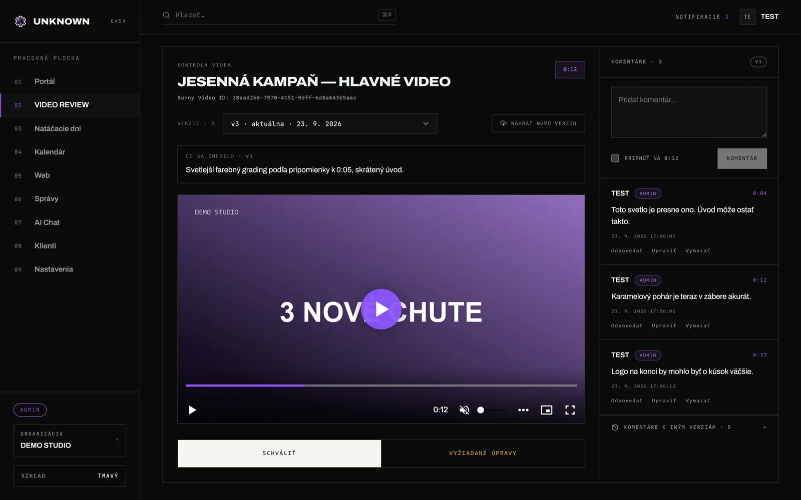 Video s prepínačom verzií na v3 · aktuálna, pod ním poznámka Čo sa zmenilo · v3: svetlejší farebný grading, skrátený úvod. Vpravo komentáre k v3 a zbalená sekcia Komentáre k iným verziám · 5.