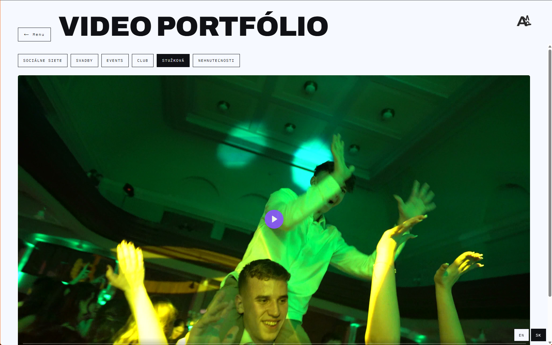 Stránka video portfólia s filtrami podľa typu zákazky